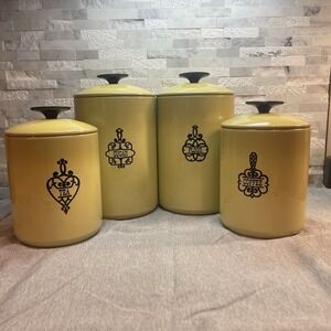 Vintage Mid Century Yellow Metal Canister Set 4pc Flour Sugar Coffee Tea MCM